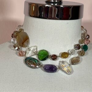 Vintage Heavy semi precious stone AB Crystal Beaded Boho Art deco Long Necklace